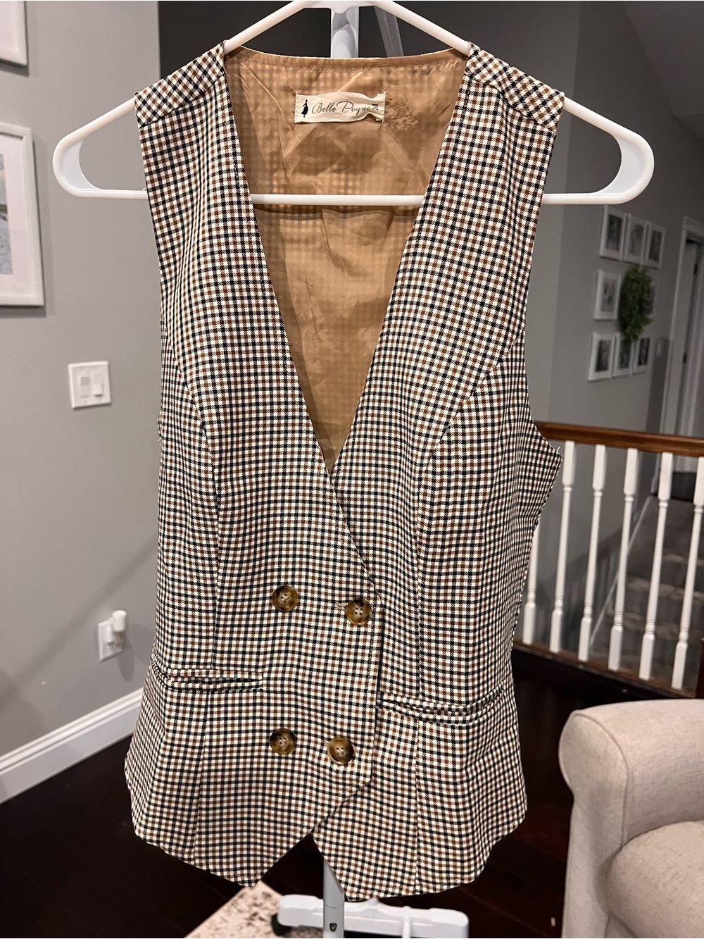 Double-Breasted Gingham Vest in Black & Tan- Medium